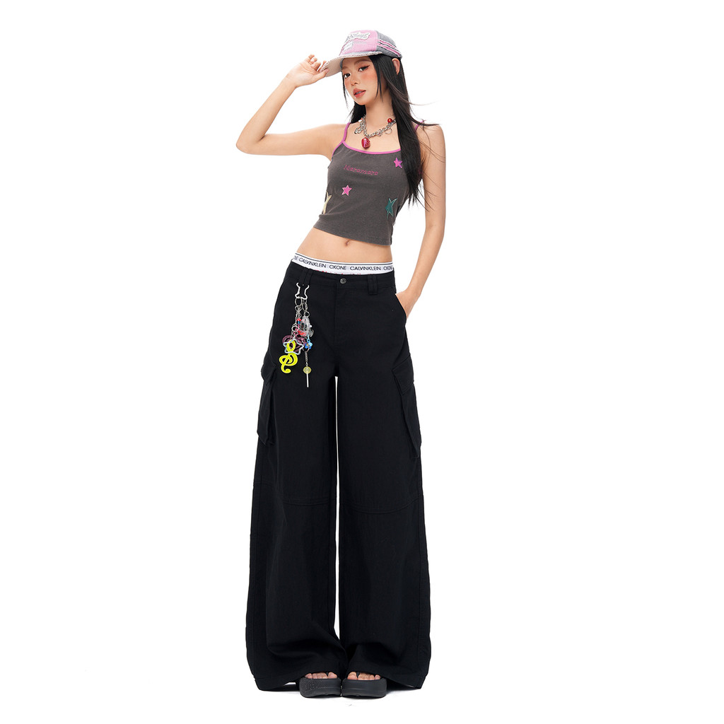 26th ootd| American High Street Overalls กางเกงยีนส์ผู้หญิงออกแบบเอวสูงกางเกงขากว้างหลวม