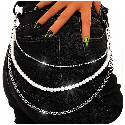 Pearl Pants Chain Silver Layered Jean Chain Hip Hop กระเป๋าสตางค์อุปกรณ์เสริมสําหรับผู้หญิงและผู้ชาย