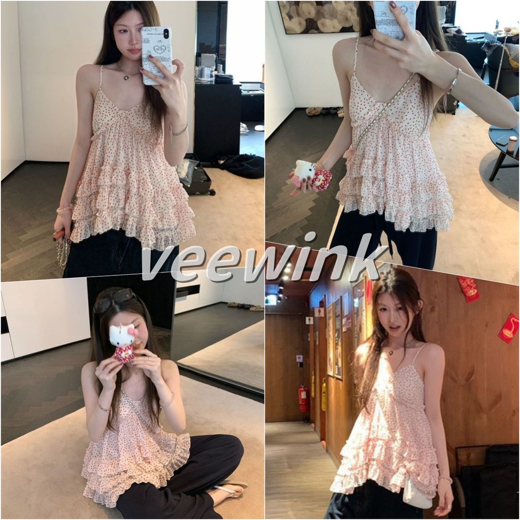 Veewink เสื้อสายเดี่ยวดีเทลตกแต่งชายระบาย ลายรอยบัว เสื้อท็อปสไพร์ ลายจุดสีชมพู ลุคใส สไตล์เกาหลี สไตล์หวานๆ