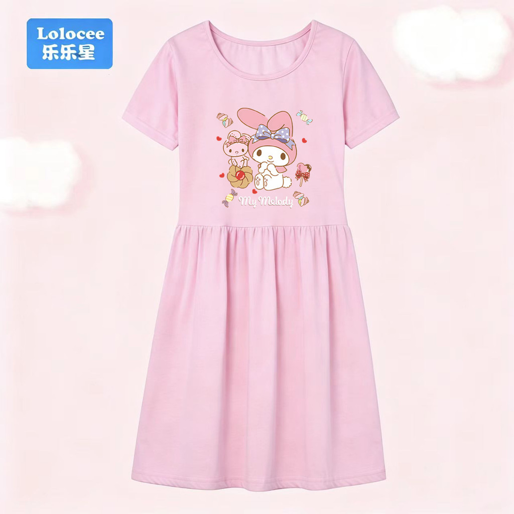 น่ารัก Sanrio My Melody ชุดเดรสเด็กผู้หญิงผ้าฝ้ายนุ่มแขนสั้น A-Line ชุดลําลอง MLD1