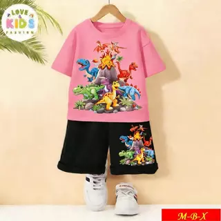 [COD]New!!!*2026-ชุดเด็กชายสนุกๆ ลายไดโนเสาร์หลายสายพันธุ์รอบภูเขาไฟ | เสื้อ+กางเกงขาสั้น ใส่สบาย คุณภาพดี | Dinosaur Vo