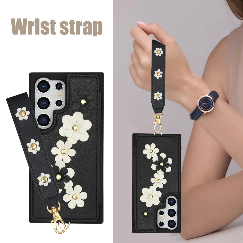 เคสโทรศัพท์ระดับพรีเมียมสําหรับ Samsung Galaxy S26 Ultra Pro S25 Edge S24 Plus S23 FE S22 A06 A07 A26 A17 ดอกไม้กระเป๋าบัตร Lanyard ปกหนัง