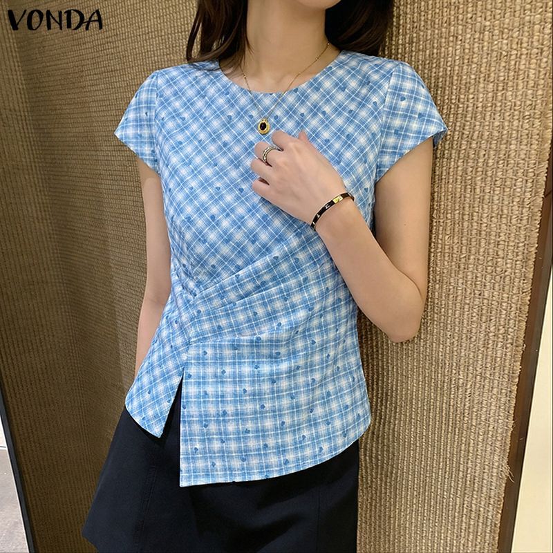 VONDA เสื้อลายพิมพ์สำหรับผู้หญิง สไตล์เกาหลี คอกลม แขนสั้น ขอบตัดไม่สม่ำเสมอ — صورة 4