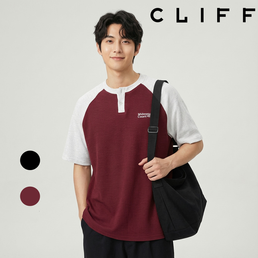CLIFF เสื้อยืดผู้ชาย แขนครอ สไตล์ Henry Neck ผ้าวาฟเฟิล ทรงหลวม สวมใส่สบาย ทุกโอกาส