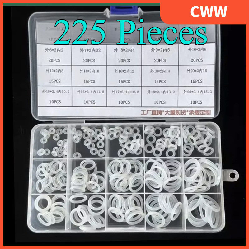 สีขาว 225 ชิ้นยางซิลิโคน O-Ring ชุด 15 ขนาด, เมตริก VMQ Sealing ปะเก็นชุดCWW-KK-K