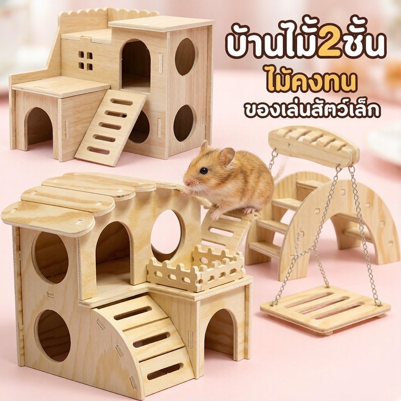 บ้านไม้หนูแฮมสเตอร์ 2ชั้น ไม้ธรรมชาติ มินิมอล ไม่เป็นอันตราย คงทน สำหรับสัตว์เลี้ยงขนาดเล็ก
