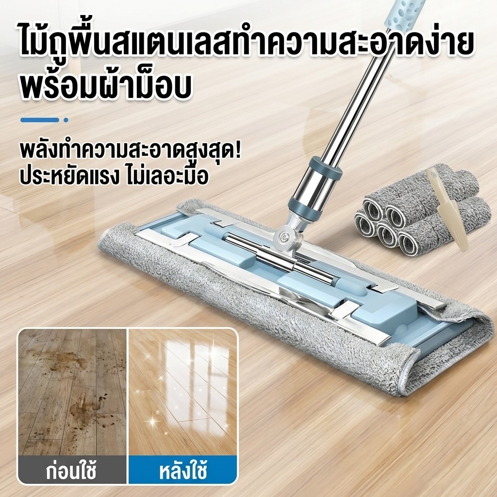 【หมุนได้ 360 องศา】ไม้ถูพื้นสแตนเลส/ไม้ถูพื้นสแตนเลสทำความสะอาดง่าย พร้อมผ้าม็อบ/ถูพื้นได้แห้งและเปียก