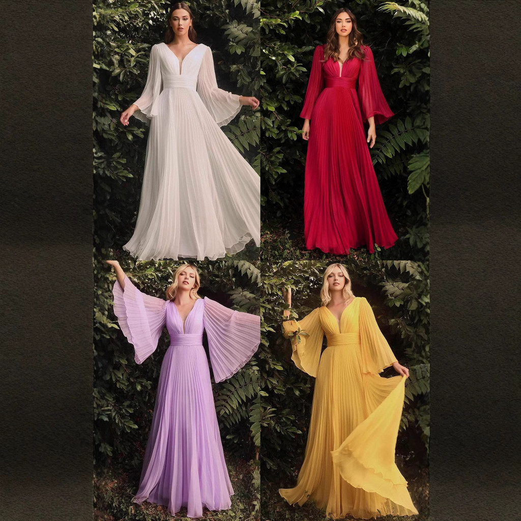 2024 European American Womens Sexy Deep V Long-Sleeved Dress Slim-Fit Dress