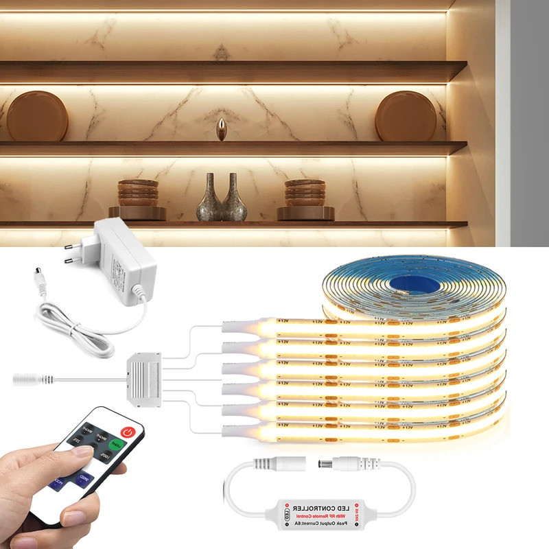 LED ภายใต้ตู้ไฟ RF รีโมทคอนโทรลหรี่แสงได้ Swtich โคมไฟเทป COB 320LEDs/m DIY Storage/จอแสดงผลตู้เสื้อผ้าสําหรับห้องครัว J