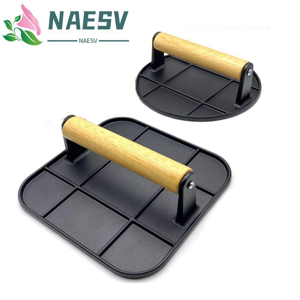 กดเบอร์เกอร์ NAESV ด้ามไม้ทําความสะอาดง่าย Patty Smasher, ทนทาน Non-Stick Anti-Scald Cast Iron BBQ P