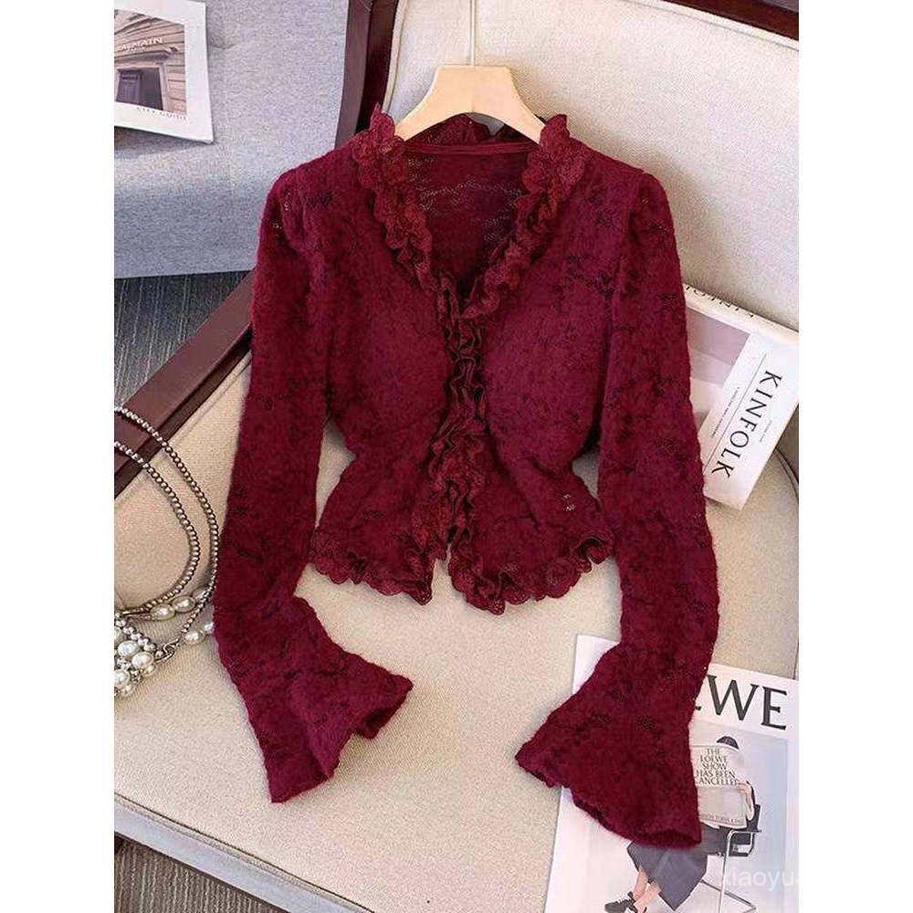 อารมณ์ฝรั่งเศสSlim-fit Slimmerดูแปรงเสื้อลูกไม้ผู้หญิงสบายๆVคอสั้นทรัมเป็ตแขนเสื้อBottomingเสื้อด้าน