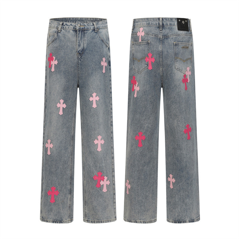 Street Trend ผู้ชายผู้หญิงกางเกงยีนส์ลําลองสีชมพูหนังเย็บปักถักร้อย All-match Denim กางเกง Plus ขนาด Unisex