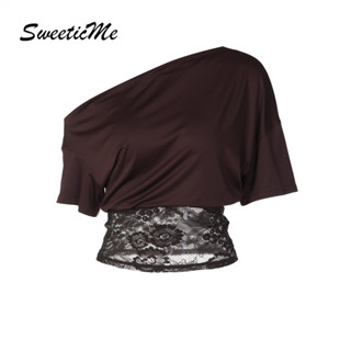 SweeticMe เสื้อยืดสตรี แขนสั้น ลายลูกไม้ สปลิสต์ แฟชั่นสำหรั…