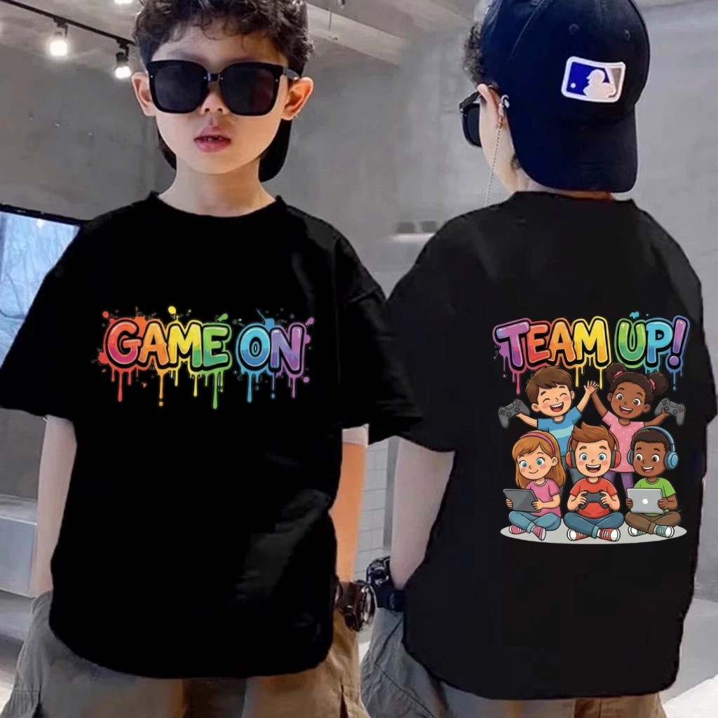 Yout-children เสื้อยืด 'GAME ON' แฟชั่น สไตล์เกาหลี cotton  เสื้อผ้าแฟชั่นผู้ชาย แขนสั้น เสื้อยืดสีดำ เด็กผู้ชาย