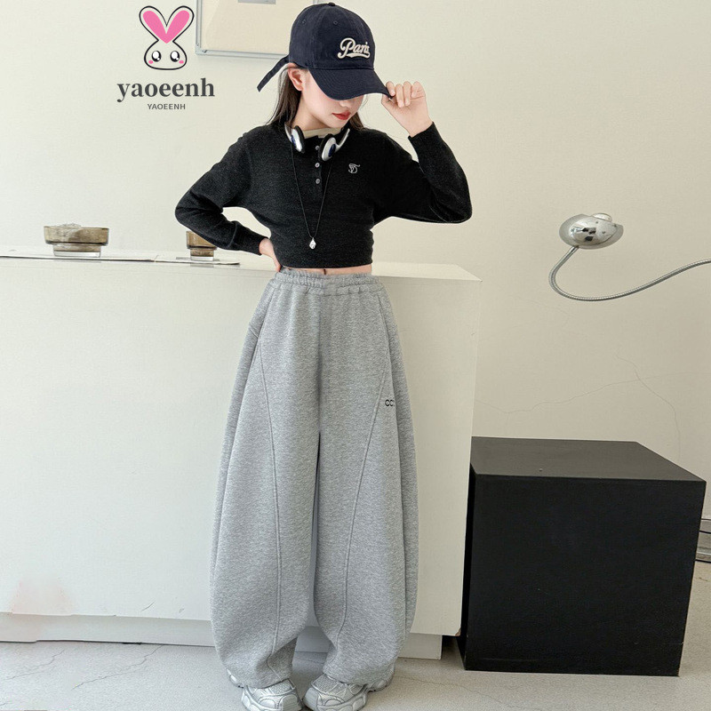 【YAOEENH】120-170ซม ฤดูใบไม้ผลิฤดูใบไม้ร่วงสาวแฟชั่นหลวมตรงกางเกงขากว้างกลางเด็กใหญ่สีทึบจดหมายกีฬาสบายๆ กางเกงวอร์ม พร้อมสต็อก เร็ว