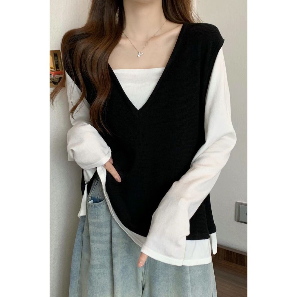 เกาหลีเกาหลี 2026 ขนาดใหญ่ของแท้ไหล่ปลอม V คอถักแขนยาวเสื้อยืด Bottoming เสื้อผู้หญิงฤดูใบไม้ผลิฤดูใ