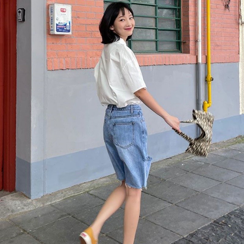 shayne-เสื้อสุภาพสตรี สีขาว ปุ่มกด เสื้อแขนสั้น ประเภทรุ่นหลวม สดชื่น หวาน วรรณกรรมและศิลปะ แฟชั่นสบาย ๆ วิทยาลัย ราคา ถูกที่สุด ดีลบีเคเค แกลเลอรีภาพที่ 9