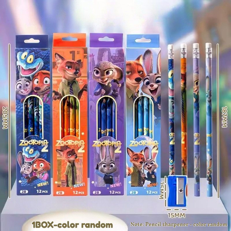ชุดดินสอยางไม้ 12 ชิ้น/กล่อง Zootopia 2B พร้อมสร้างในกบเหลาดินสอ