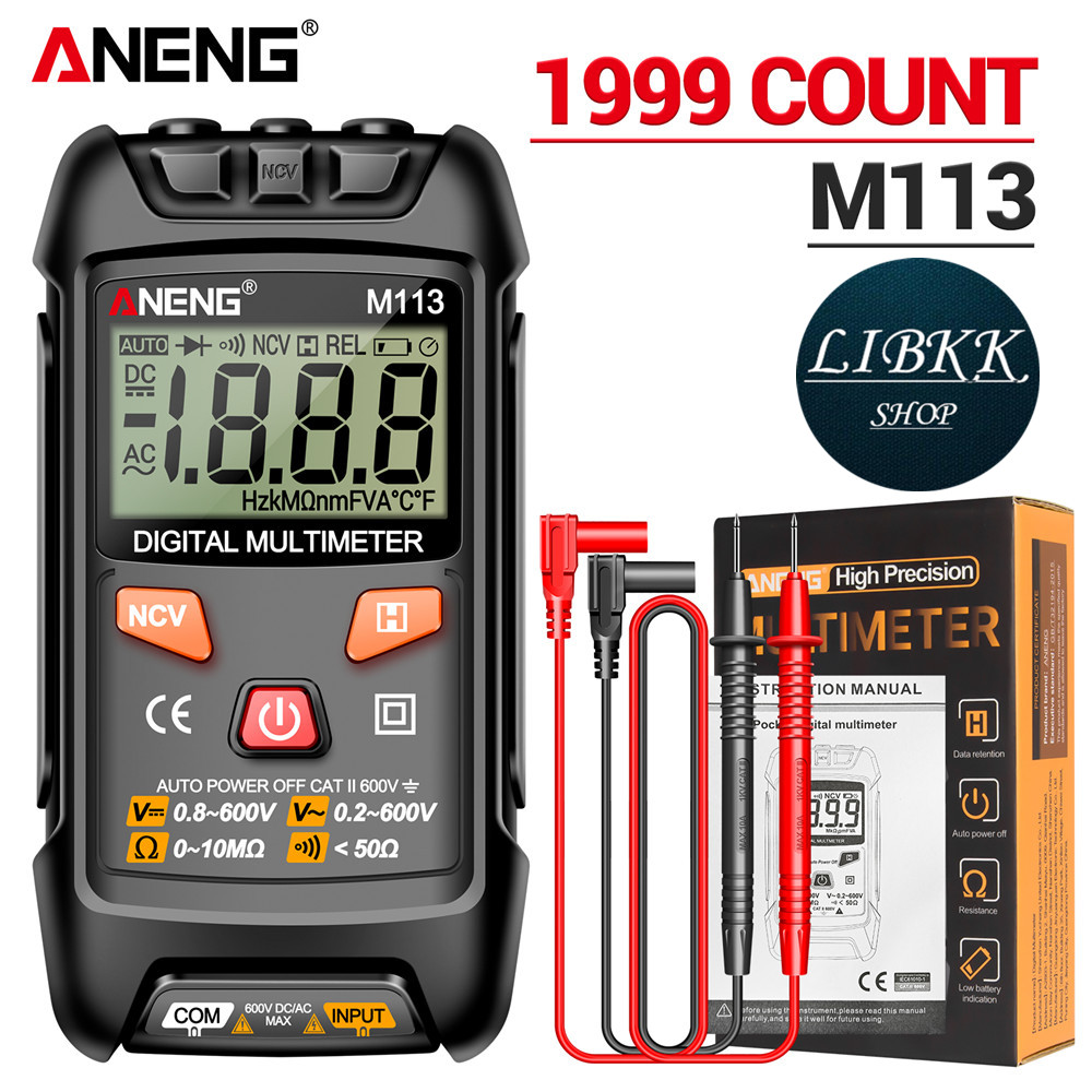 ANENG M113 1999นับเครื่องมือวัดอุปกรณ์ไฟฟ้าโอห์ม NCV เครื่องทดสอบมัลติมิเตอร์แบบดิจิตอลมินิอัจฉริยะ AC/DC