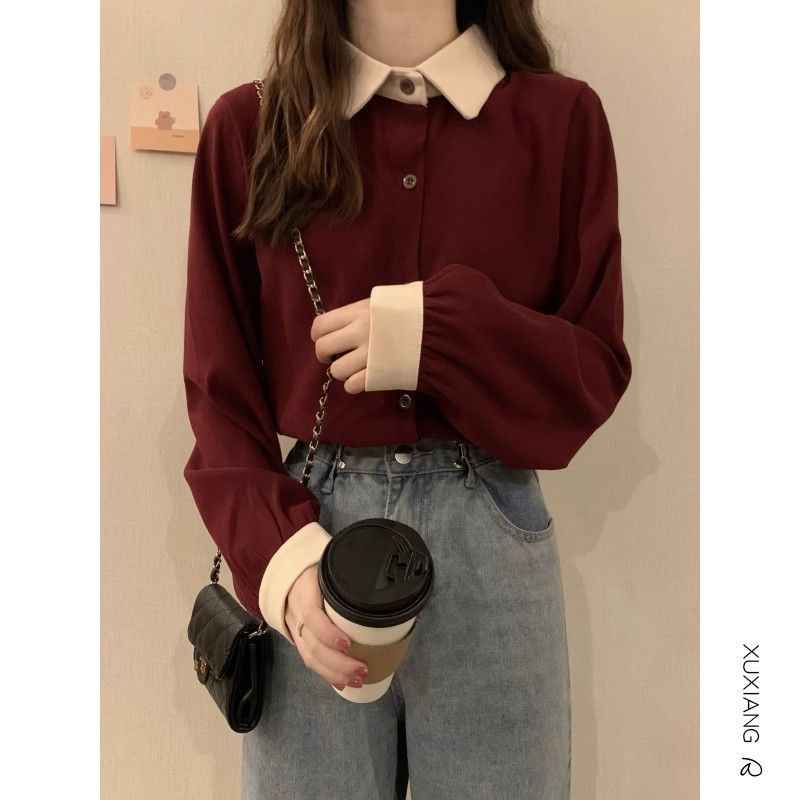 早春秋冬装2023新款红色衬衫女法式复古上衣设计感小众衬衣叠穿Early Spring Autumn Winter 2023 New Red Shirt20260121