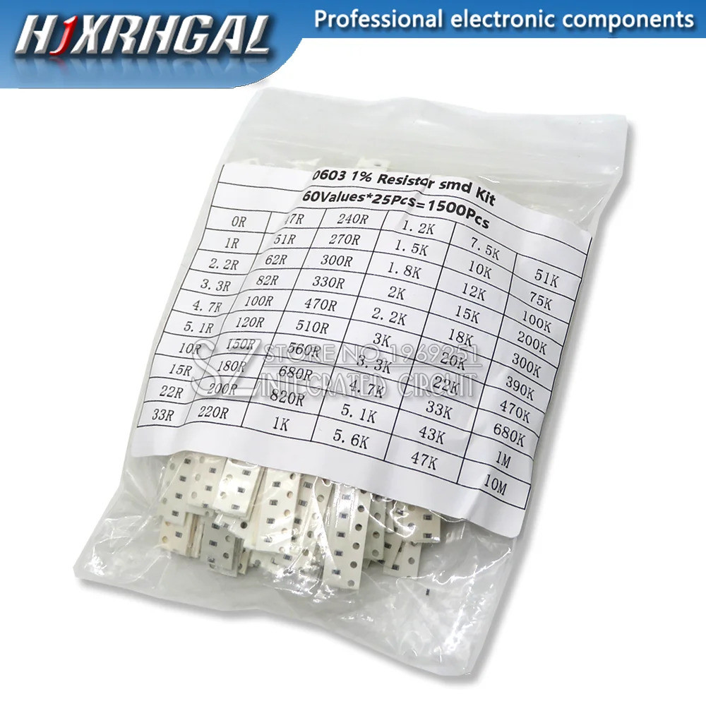 1500 ชิ้น SMD 0603 ตัวต้านทานคละชุด (60 ค่า x 25 ชิ้น) 0ohm - 10M Ohm 1/10 วัตต์ 1% ชุดต้านทานชิปฟิล