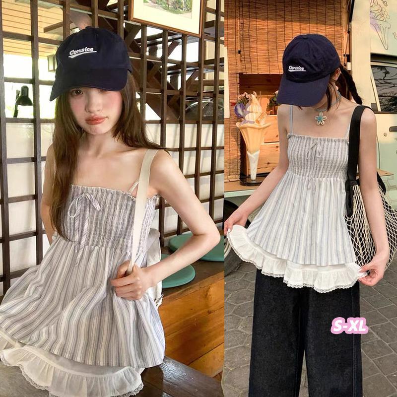 👚Anna👚เสื้อสายเดี่ยวลายทางสำหรับผู้หญิง ตกแต่งด้วยระบาย ดีไซน์ผูกเชือกเพื่อเน้นสัดส่วน เน้นเอวอย่างเรียบง่าย W675