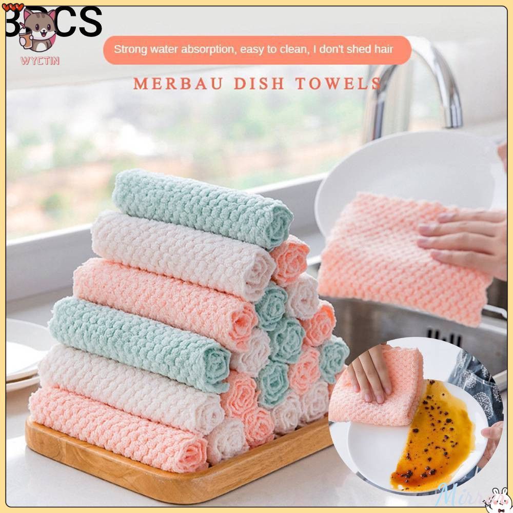 Efeed【สินค้าขายดี】 ชุดผ้าไมโครไฟเบอร์กันคราบไขมัน 3 ผืน ผ้าเช็ดครัวเนื้อนุ่มพิเศษ ไม่ติดผ้า ขนาด 25*