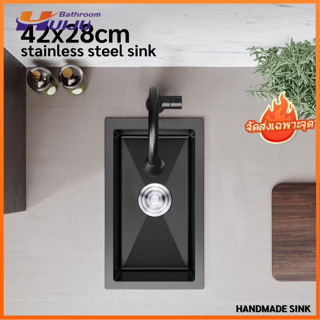 ซิงค์ล้างจาน อ่างล้างจาน 1หลุม วัสดุสแตนเลส304 เคลือบนาโนสีดำ ขนาด42x28 black stainless steel sink S