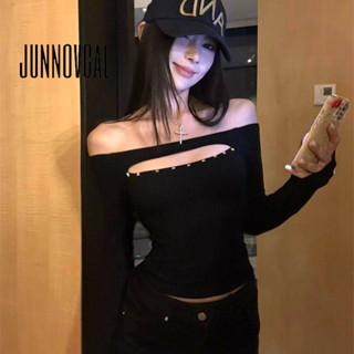 เสื้อยืดปิดไหล่แขนยาวสำหรับผู้หญิง สไตล์วัยเรียนยุค Y2K