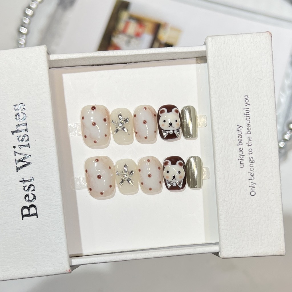 HANDMADE+กาวฟรีArtificial Nail หมีน่ารัก Paradise Phototherapy แผ่นแปะเล็บปลอมกดบนเล็บนํากลับมาใช้ให