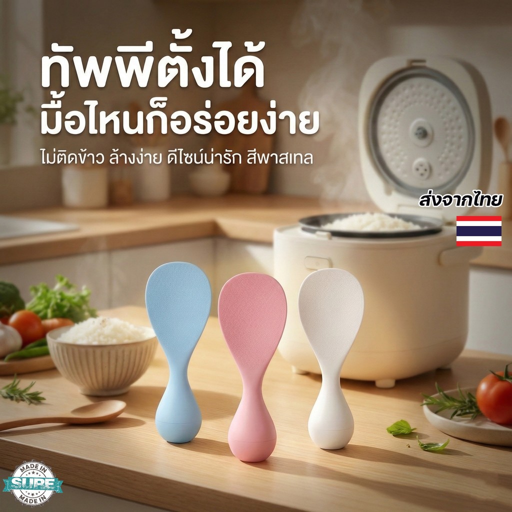 ทัพพีตักข้าวแบบตั้งได้ พลาสติกคุณภาพ Food Grade สีพาสเทล ทนความร้อน ไม่ติดข้าว ล้างง่าย ใช้สะดวก