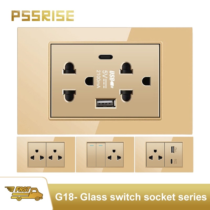 PSSRISE 118 Gold กระจกเทมเปอร์สวิตช์ซ็อกเก็ตแผงกระจกนิรภัยซ็อกเก็ต USB รับประกัน 2 ปี -G18