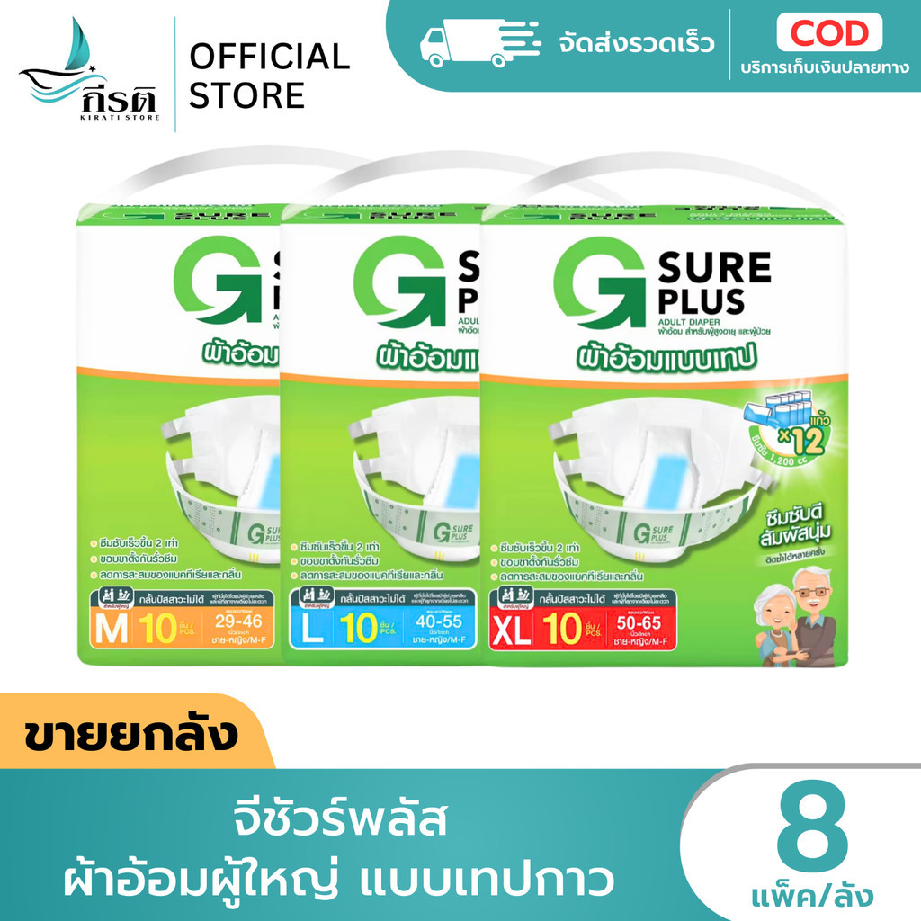 LIVE - จีชัวร์พลัส ผ้าอ้อมผู้ใหญ่ แบบเทปกาว M10 / L10 / XL10 ชิ้น 1X8 ชิ้น (ขายยกลัง)