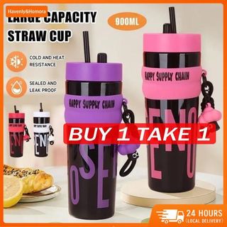 【BUY 1 TAKE 1】900ml Cute Large Capacity Straw Cup Outdoor Portable Straw Cup Dopamine Water