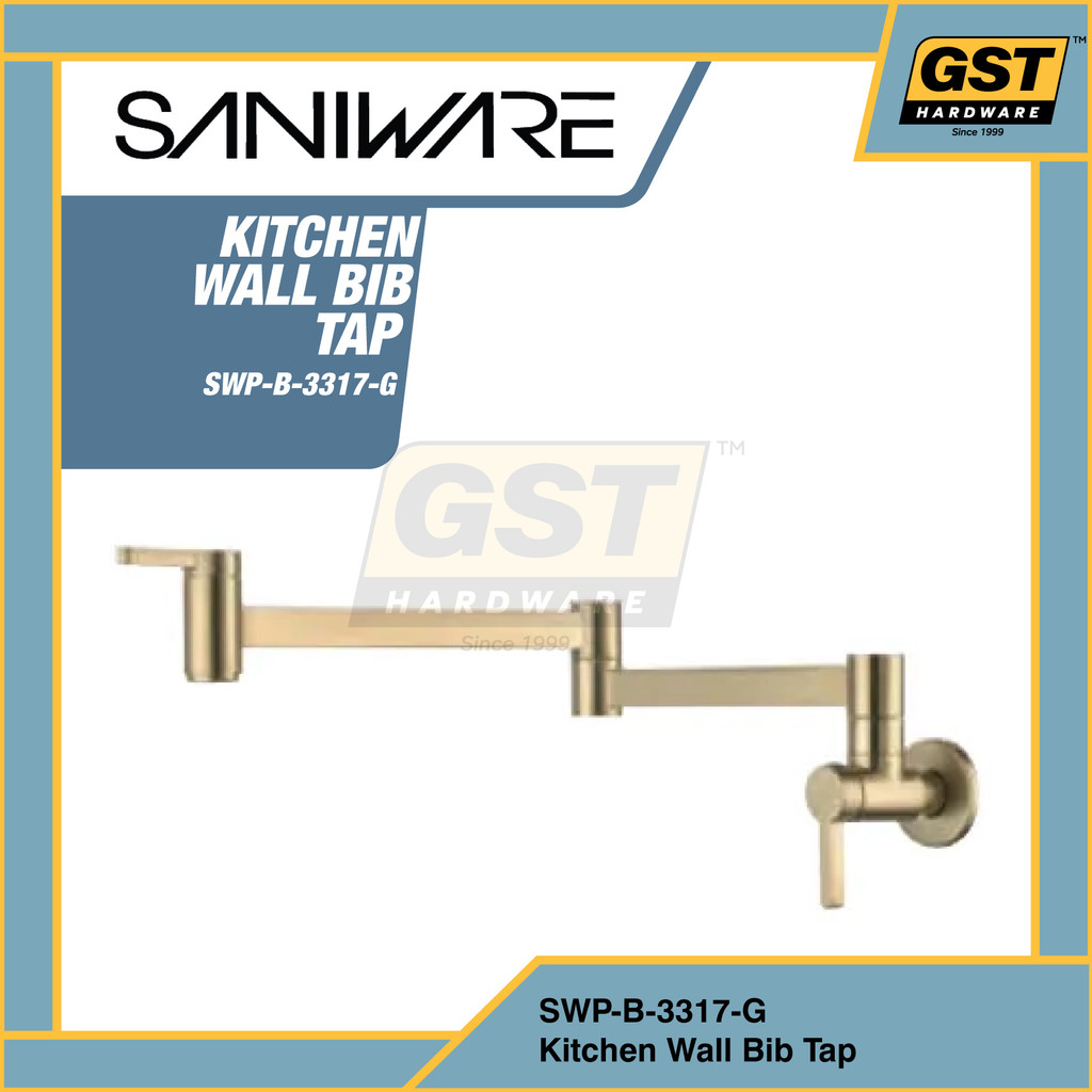 Saniware ห้องครัว Wall Bib Tap Gold Paip Air Dapur ทองเหลือง Pili Air Dinding SWP-B-3317-G