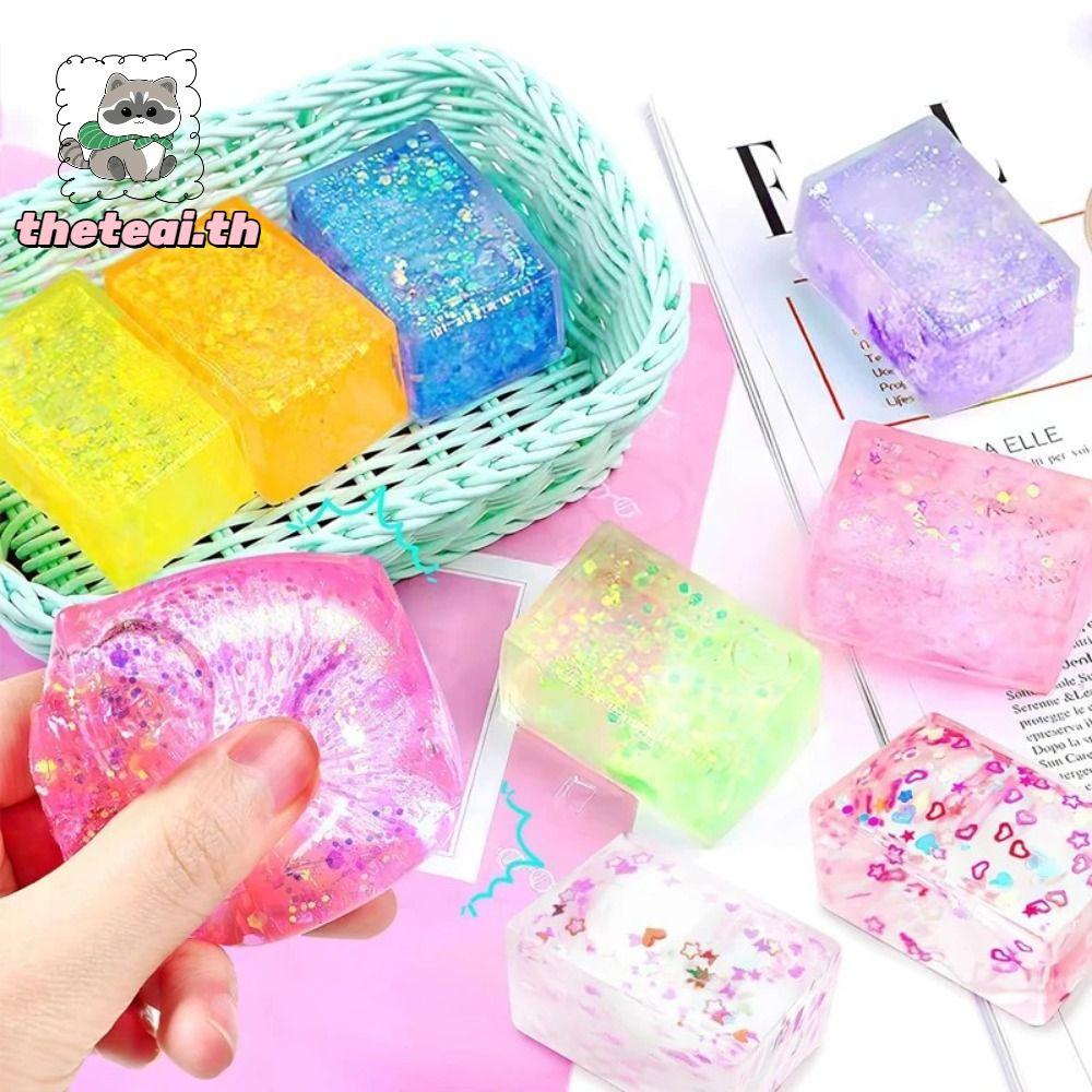 THETEAI Glitter Squishy Cube, Malt Sugar Slow Rise Gel Ice Cube, Creative Decompression Soft Texture