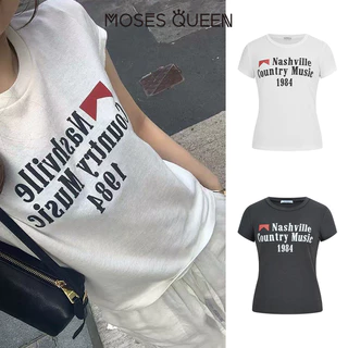 MOSESQUEEN มอสเนสควีน เสื้อพิมพ์ลายตัวอักษร สีดำสีขาว น้ำหนักเบาทรงทรง ใส่สบายสำหรับชุดลำลอง #63552