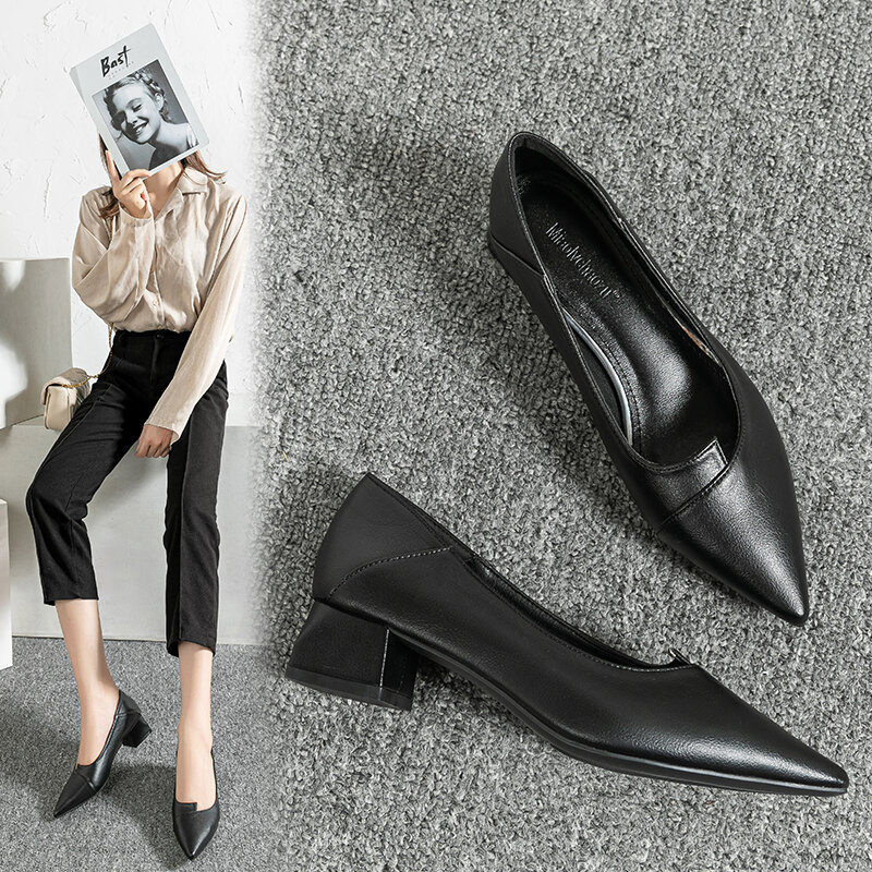 Chunky-Heel Shoes Work Shoes Children 2020 nian New Style Hotel Going to Work Sheepskin Low Heel Sho