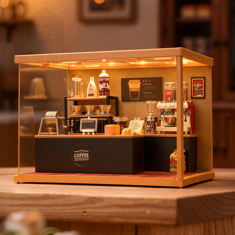 ทําเอง ขนาดเล็กฉากห้องโดยสารสามมิติประกอบร้านกาแฟมินิรุ่นเดสก์ท็อปตกแต่งเครื่องประดับ
