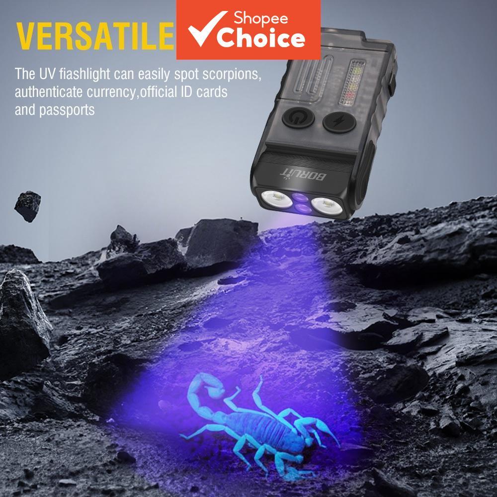 BORUIT V20-1 LED พวงกุญแจแบบพกพาไฟฉายชาร์จกันน้ําแม่เหล็ก UV Light Buzzer คลิปไฟทํางาน