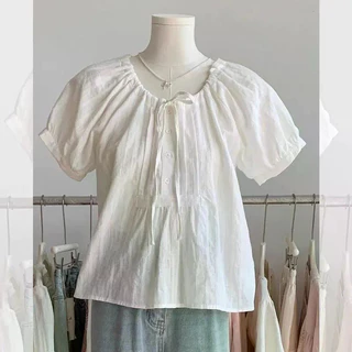 LINNA~Xเวอร์ชั่นเกาหลี คอกลม เชือกดึง เสื้อแขนสั้น เสื้อเชิ้ต รุ่นใหม่ สไตล์หวาน