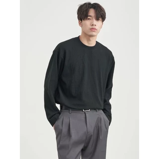 Chaistyle แขนยาวผู้ชาย วาฟเฟิล เสื้อคอกลม ชุดคู่รัก แบบหลวม แมทช์ลุคง่าย