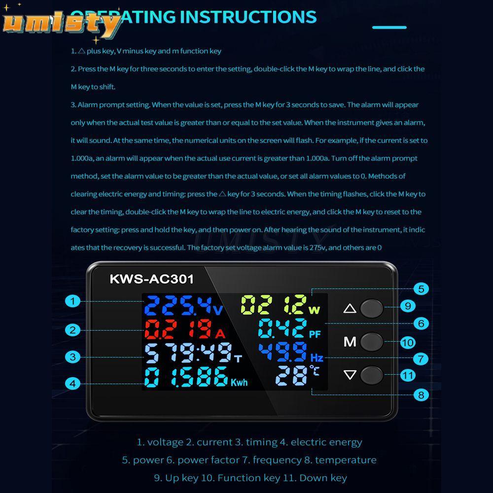 UMISTY โวลต์มิเตอร์แบบดิจิตอลแอมป์มิเตอร์ความแม่นยําสูง KWS-AC301 AC 50-300V Power Energy Meter