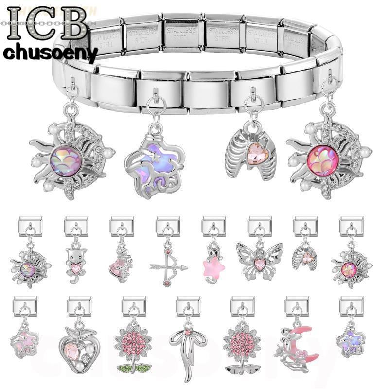 สร้อยข้อมือสแตนเลสแบบ DIY สไตล์จี้ดอกไม้สีชมพู ขนาด 9 มิลลิเมตร สำหรับทำเอง เป็นเครื่องประดับเพิ่มเสน่ห์