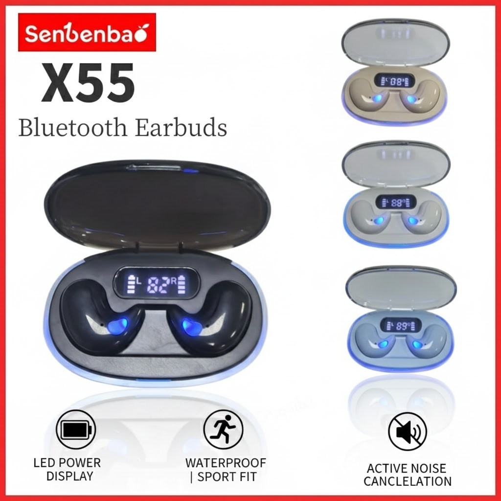 Sanbenbao X55 หูฟังไร้สายบลูทูธ, กันน้ํา iPX5, ไมโครโฟนโทร HD ในตัว, คุณภาพเสียงแบบนํากระดูก HiFi