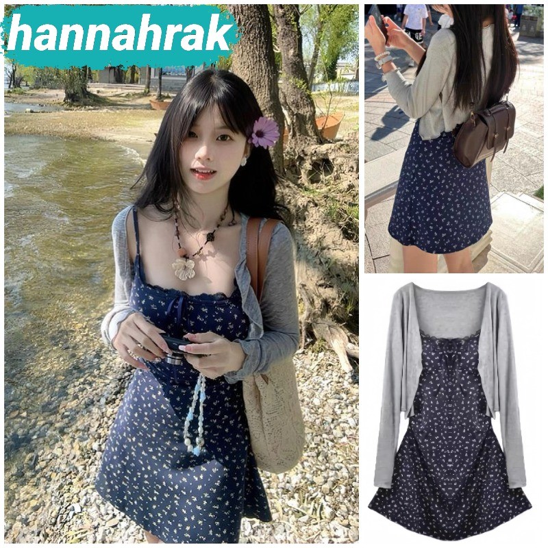 (ส่งจากกรุงเทพฯ)ชุดเดรสสปาเก็ตตี้สายเดี่ยว สีน้ำเงินลายดอกไม้สั้น+คาร์ดิแกนแขนยาวสีเทาอ่อน หวานๆ ลำลอง เสื้อฮาวาย
