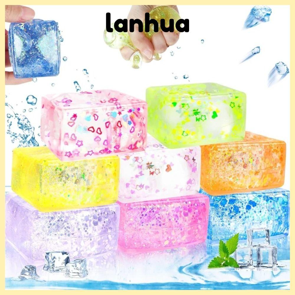 LANHUA Glitter Squishy Cube, Slow Rise Soft Texture Gel Ice Cube, Creative Decompression Malt Sugar 