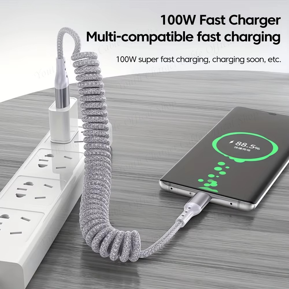 ข้อศอกสเตอริโอ USB/Type C ถึง Type C ฤดูใบไม้ผลิ Telescopic Data CABLE 100W Super Fast สายชาร์จไนลอนถักรถสายชาร์จสําหรับ IOS/Type C ราคา ถูกที่สุด ดีลบีเคเค แกลเลอรีภาพที่ 4