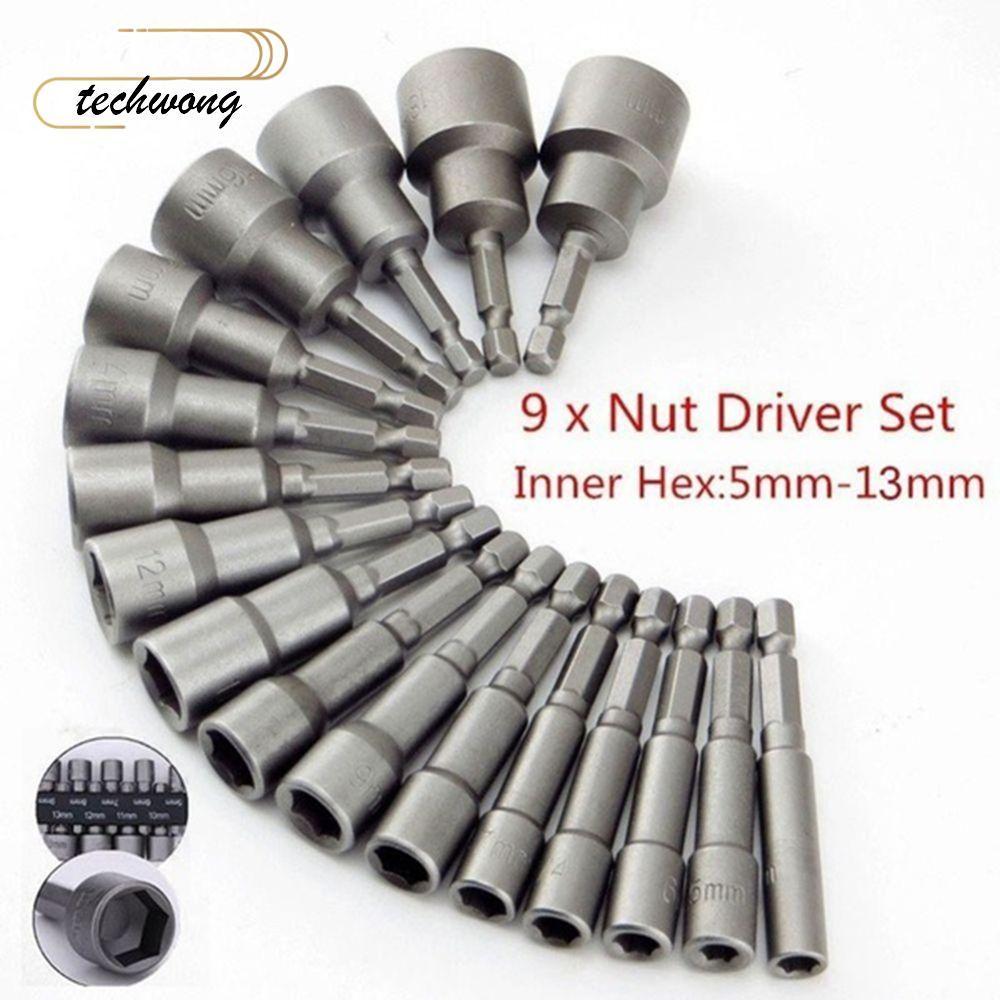 TECHWONG 9 ชิ้น/เซ็ต Hex SocketS Sleeve Bits ชุดไดร์เวอร์ซ็อกเก็ต Bits เจาะ Bit Driver ชุด