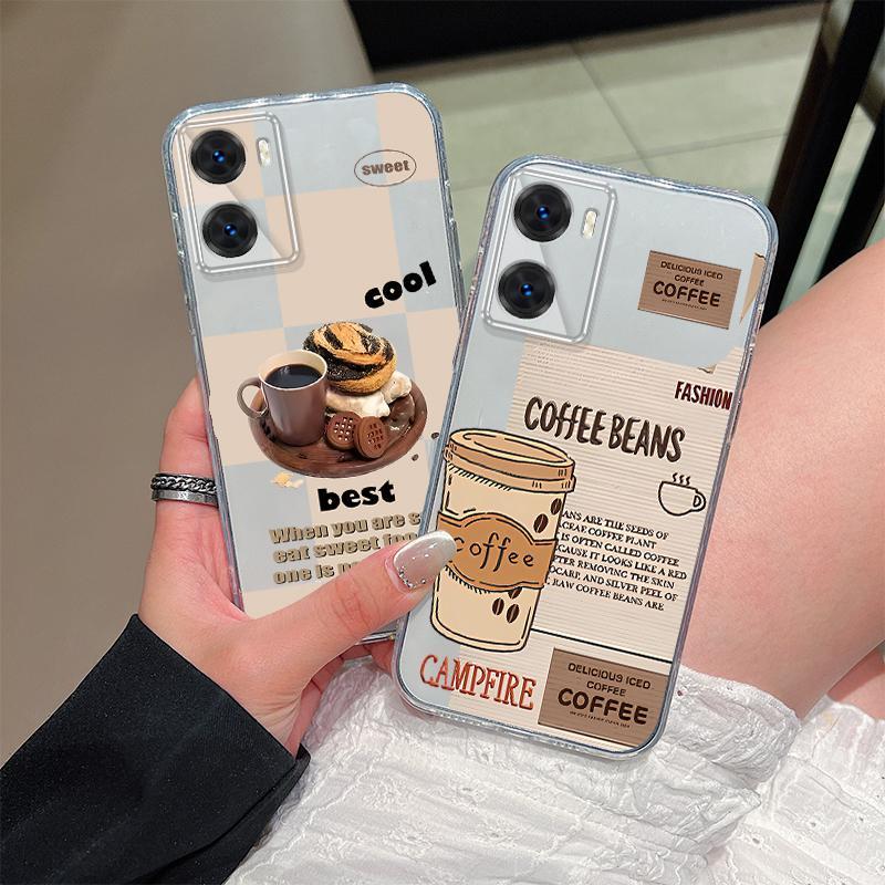 เข้ากันได้กับ OPPO A57,A77 4G/A77S 4G เคสโทรศัพท์ Coffee Series TPU นุ่มฝาครอบโทรศัพท์โปร่งใส